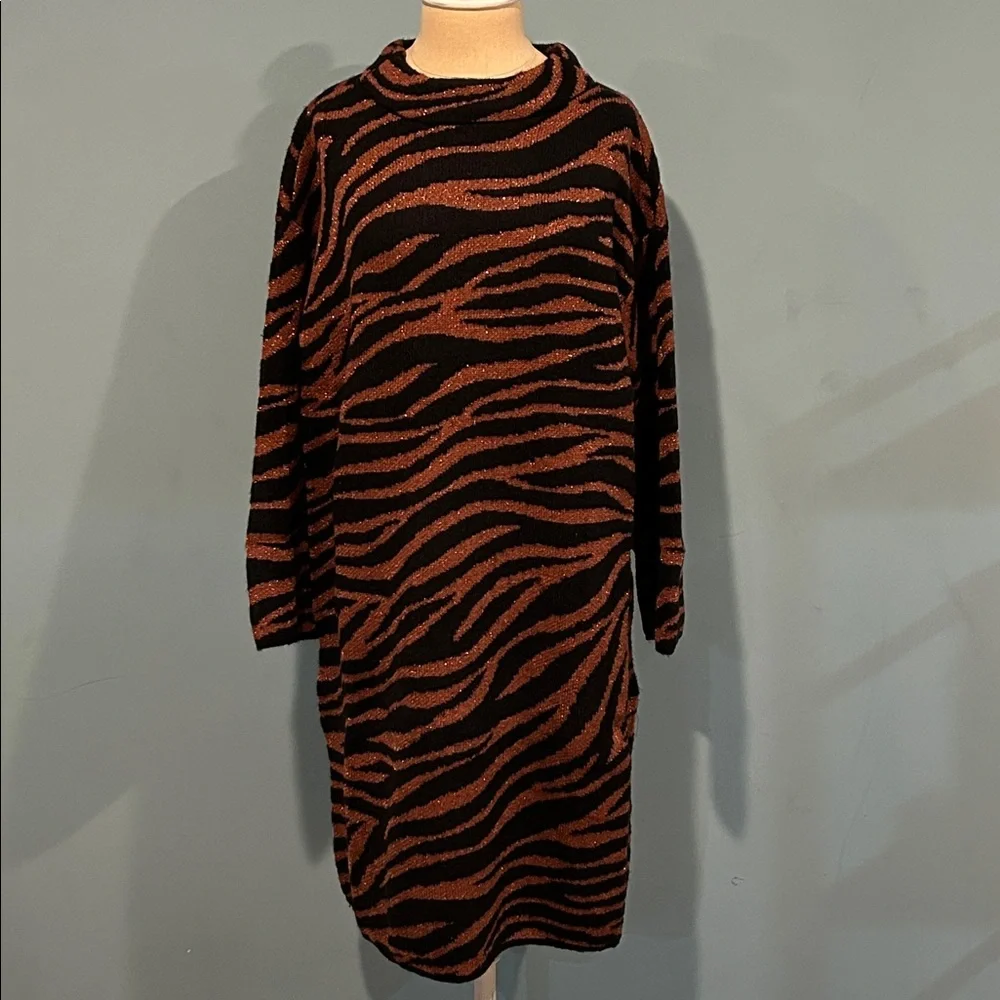 Ann Taylor Animal Print Sweater Dress size Medium Metallic Bronze Black